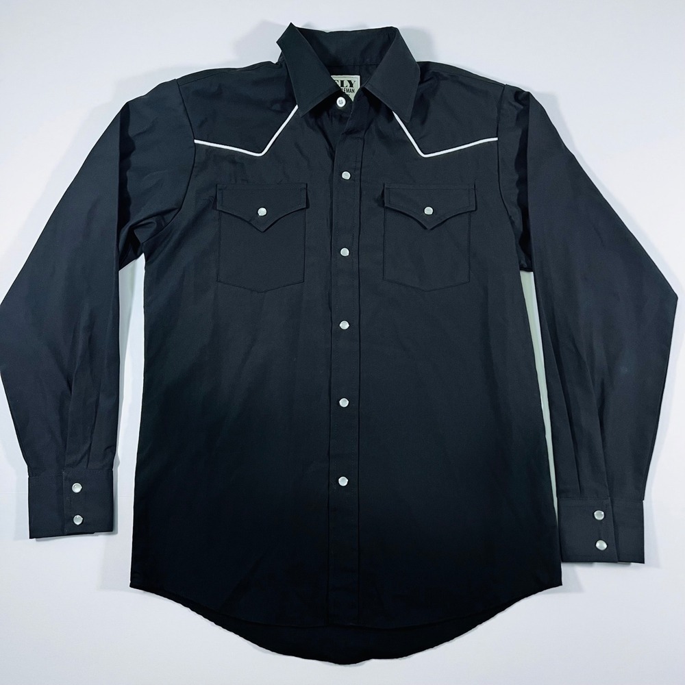 Ely Cattleman Black Western Pearl Snap Shirt White Piping Large